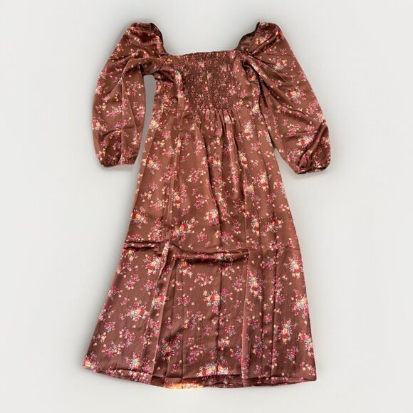 Vici Brown Floral Satin Dress Size M Balloon Sleeve Hippie Boho Glam - Picture 5 of 7
